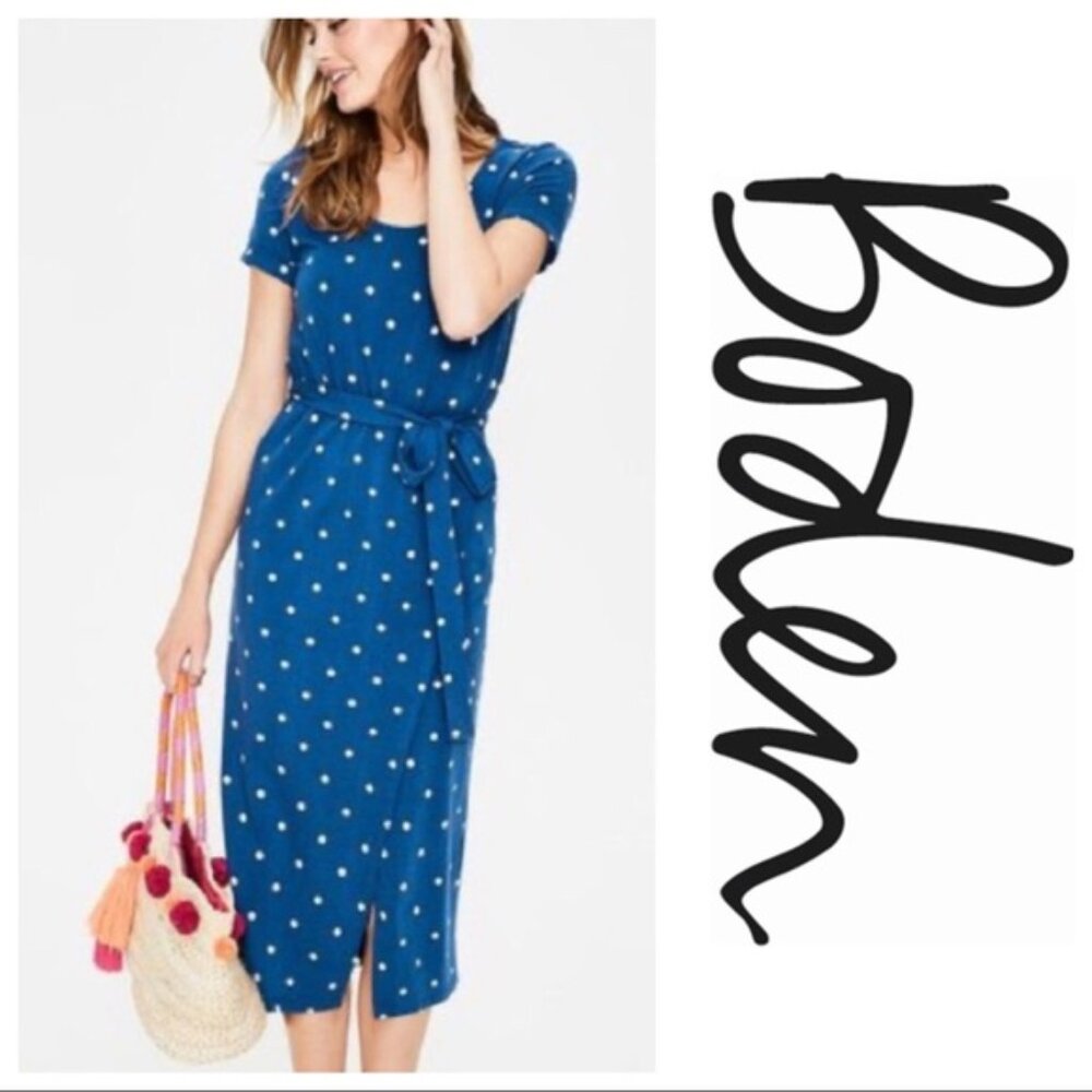 Boden Hallie Jersey Dress in Royal Blue Polka Dot
